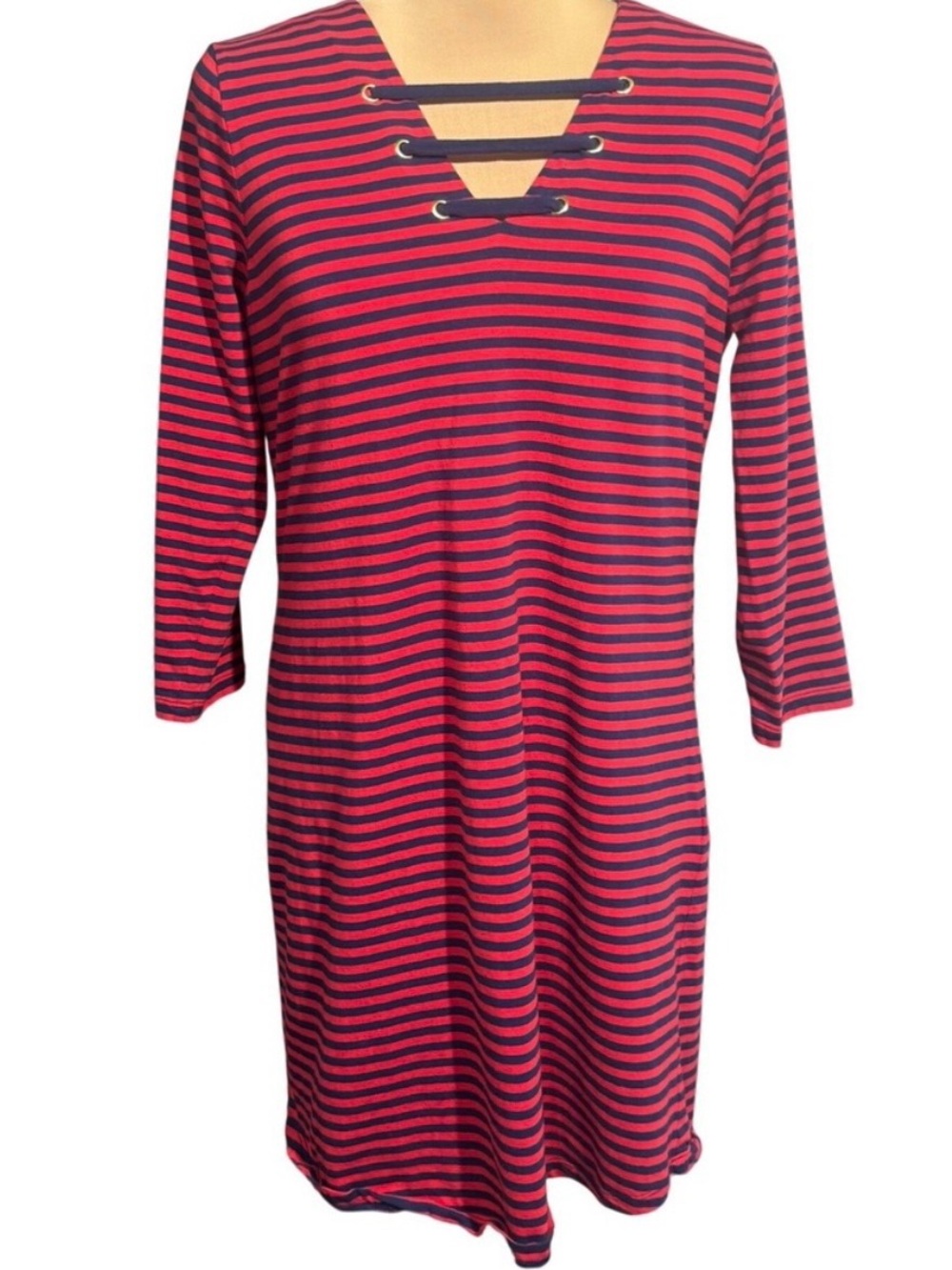 Michael Kors Striped Knit Dress Red & Navy V‑Neck Lace Up Preppy Gold Medium